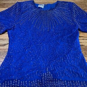 Vintage Sarin Sequin Blue Blouse bead top glitzy Sparkle Party Cocktail M glam